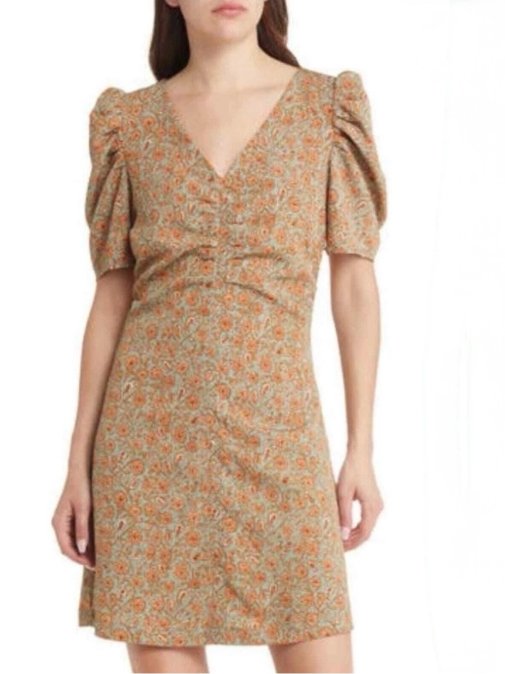 TREASURE & BOND, Green-Rust Jess Floral Paisley Ruched Puffy Sleeve Dress, Sz S